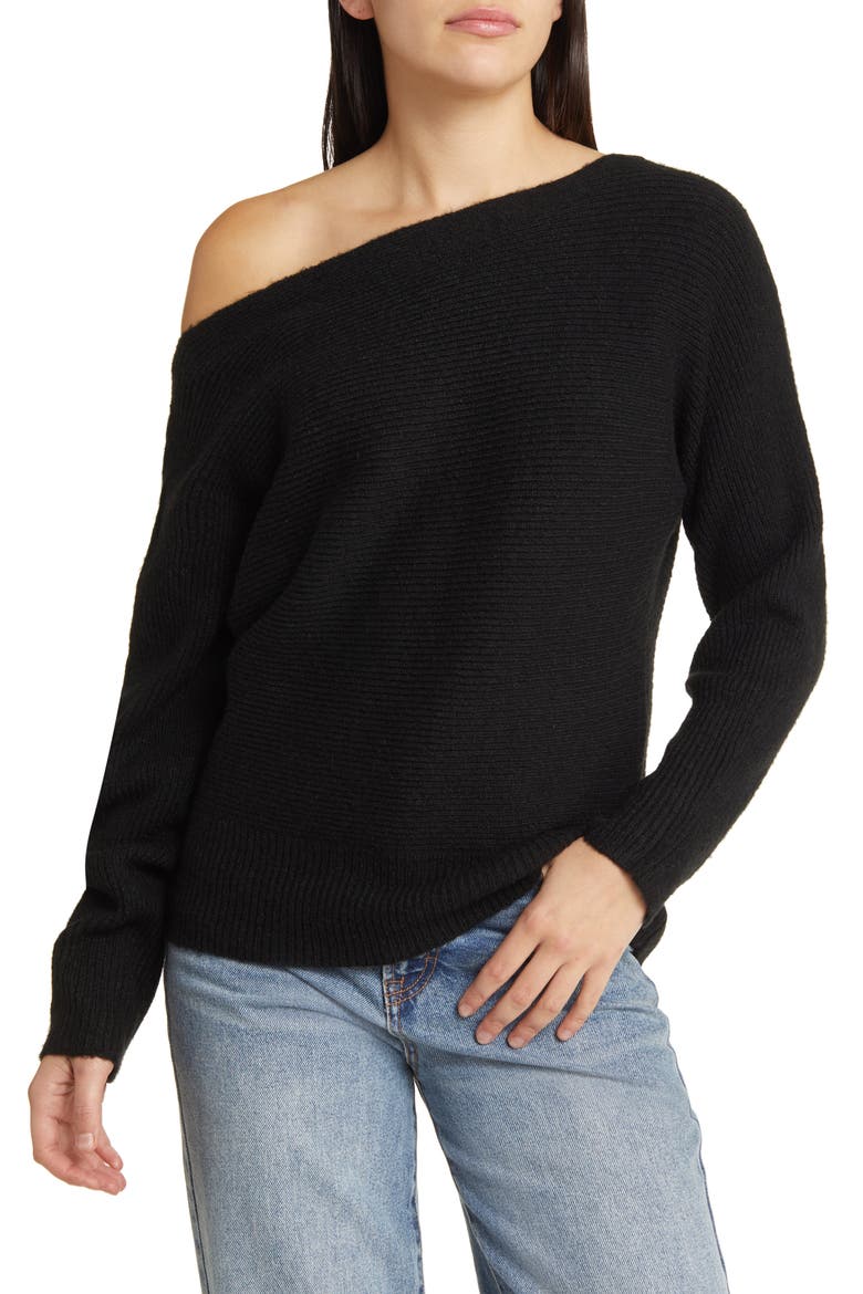 Rib Boat Neck Sweater, Main, color, BLACK