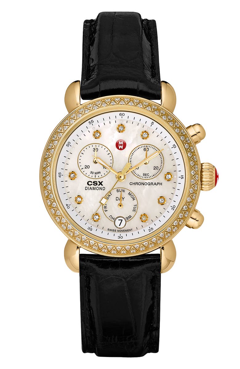 MICHELE 'CSX-36 Diamond' Diamond Dial Gold Plated Watch Case, 36mm, Alternate, color, 