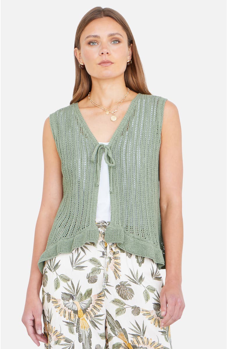 Yumi Knitted Cotton Tie Waistcoat Top, Alternate, color, Green