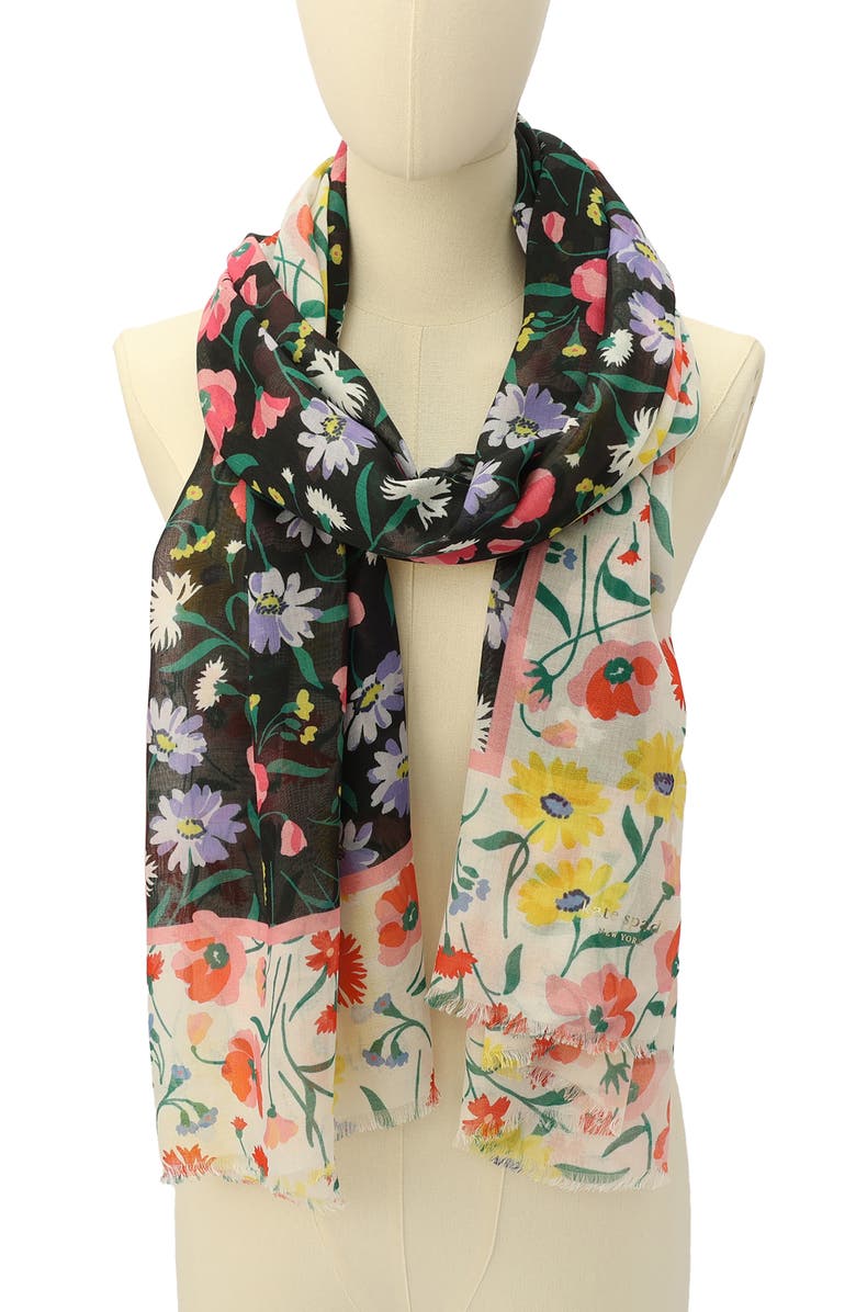 Kate Spade New York spring bouquet oblong scarf, Alternate, color, Black Cream