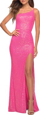 La Femme Hot Pink Simple One Shoulder Long Sequin Dress