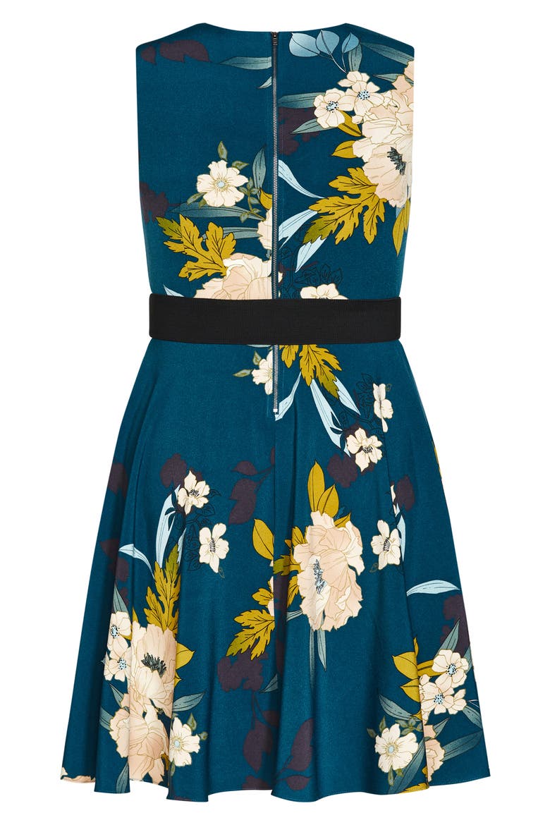 Alessia Floral Pleated Fit & Flare Dress, Alternate, color, TEAL BOLD BLOOM
