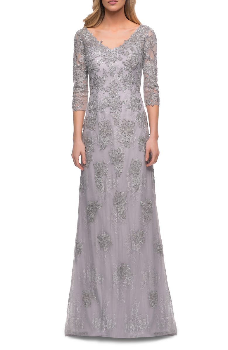 La Femme Embroidered Lace Column Gown, Alternate, color,