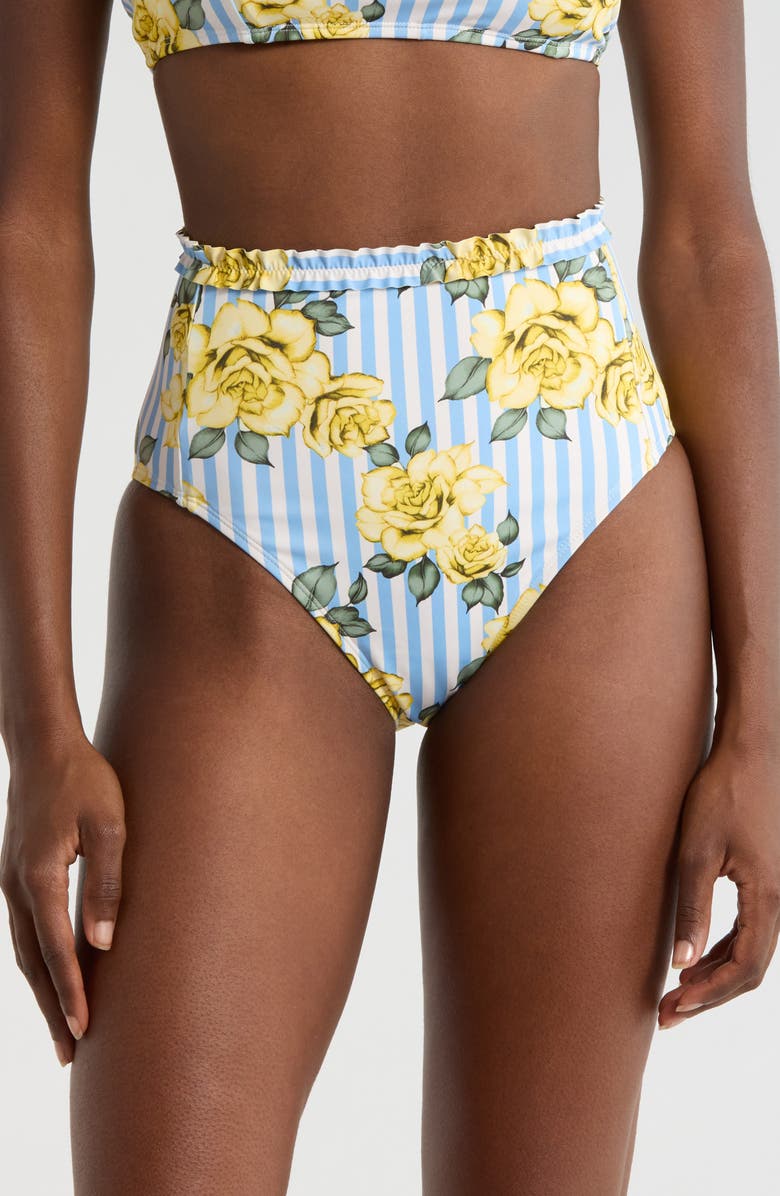Hutch Ruffle Trim High Waist Bikini Bottoms, Main, color, Yellow Rose