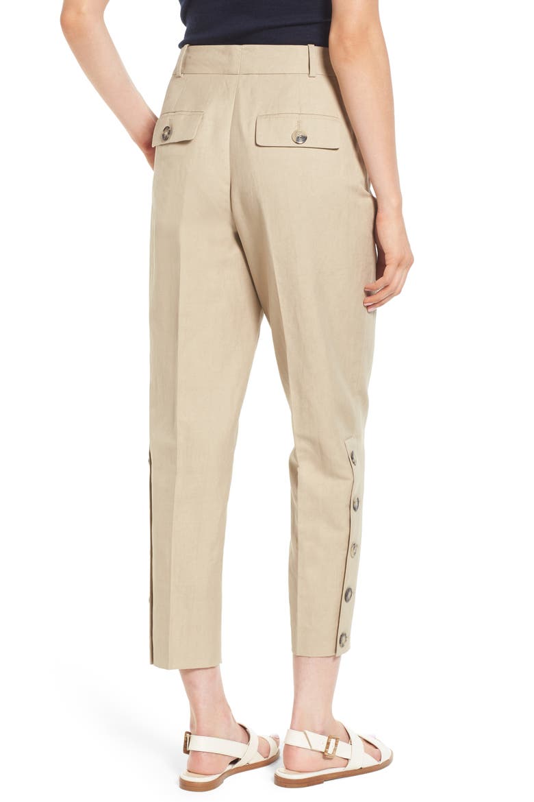 Button Side Crop Linen Blend Pants, Alternate, color, BEIGE HUMUS