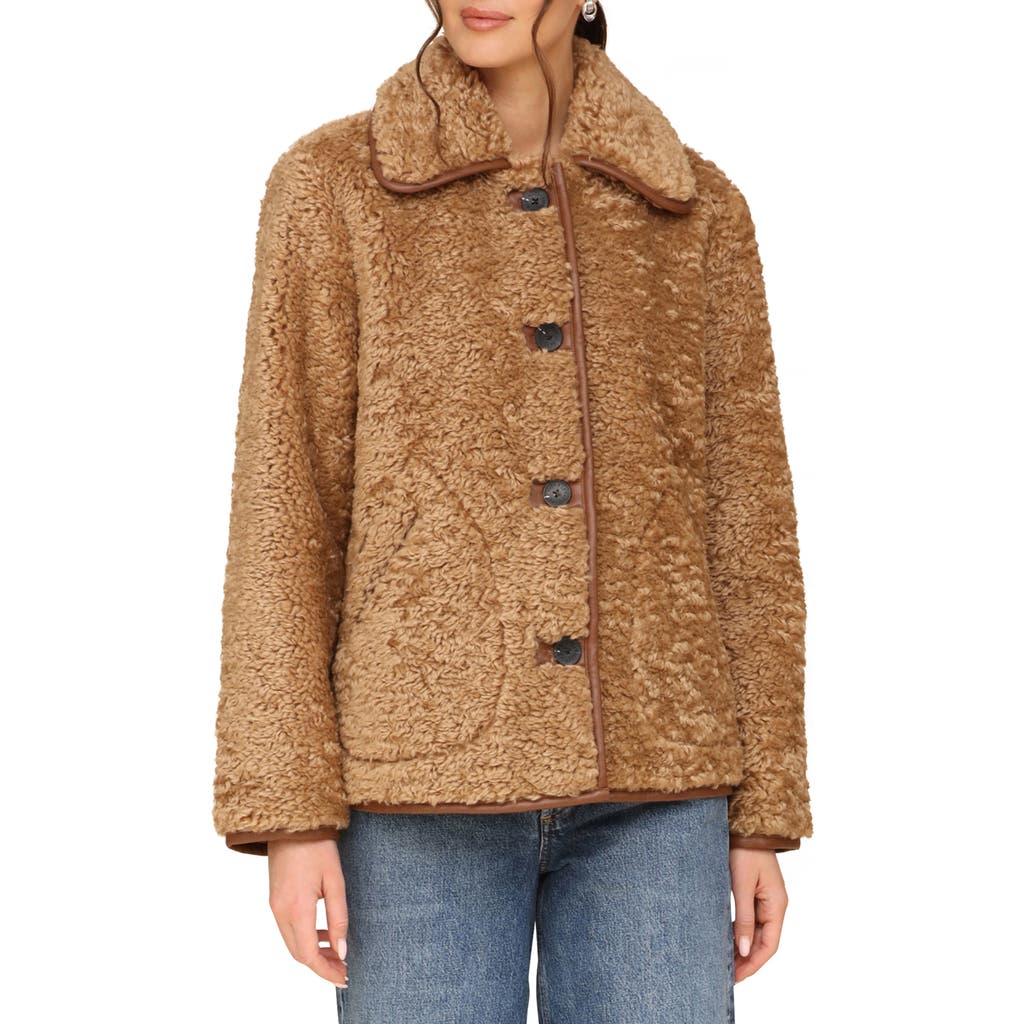 AVEC LES FILLES AVEC LES FILLES FAUX SHEARLING TEDDY COAT WITH FAUX-EVER LEATHER™ TRIM