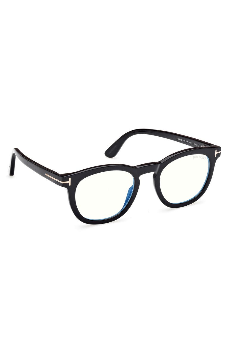 TOM FORD 50mm Small Round Blue Light Blocking Glasses, Alternate, color, Black/ Gold Eco / T Logo