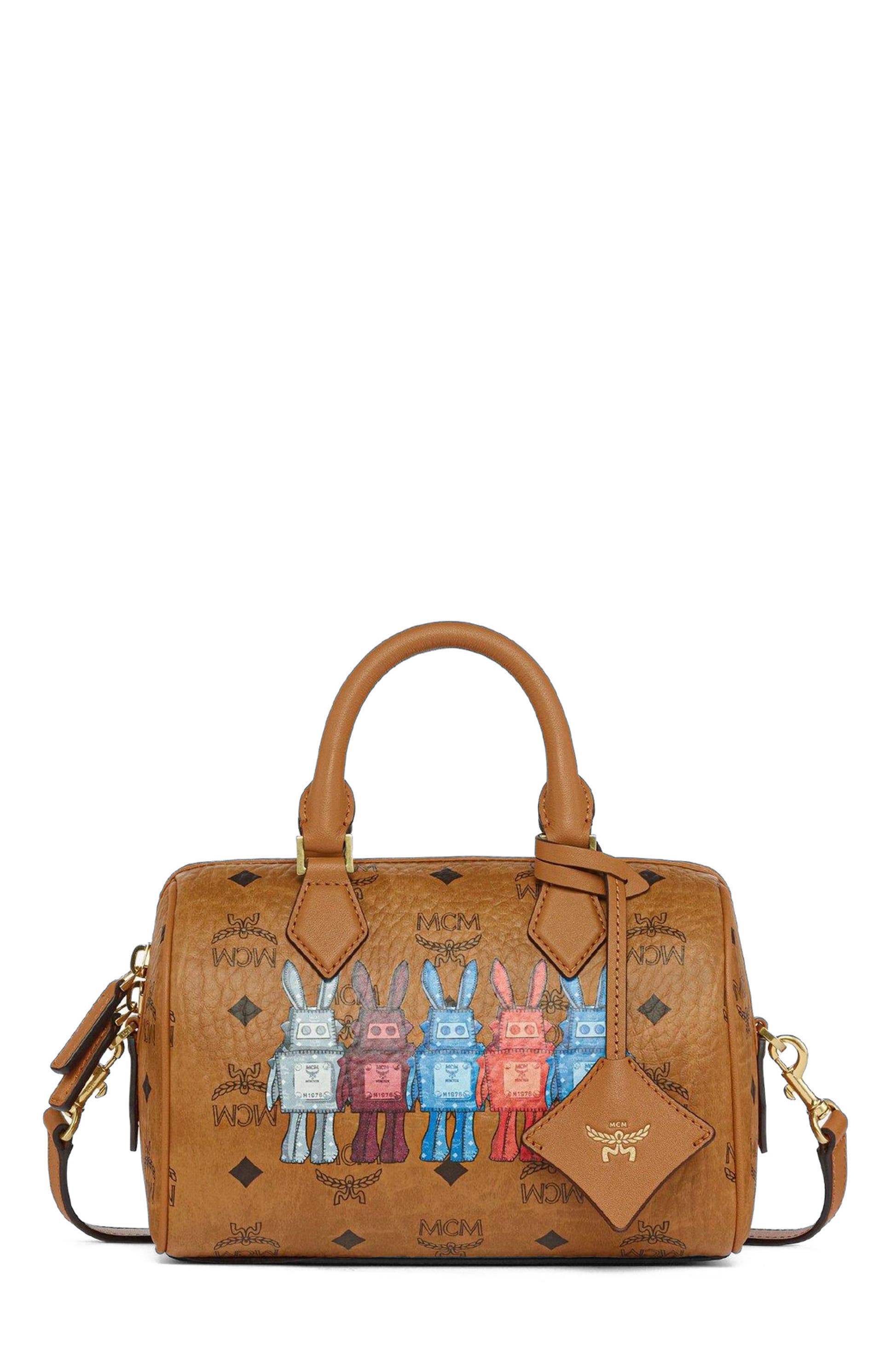 MCM Small Ella Boston Bag in Rabot Visetos, Main, color, Cognac