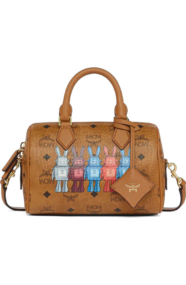 MCM Small Ella Boston Bag in Rabot Visetos, Main, color, Cognac