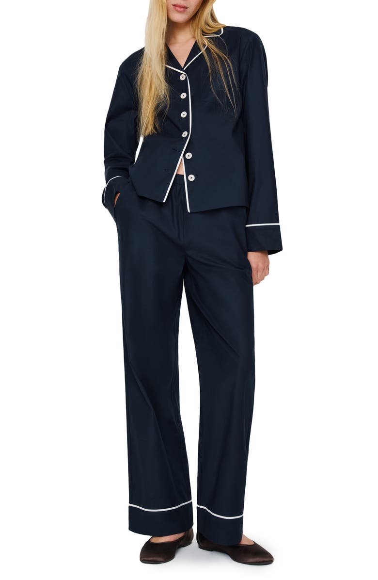 Reformation Coco Piped Stretch Cotton Pajamas, Alternate, color, Midnight