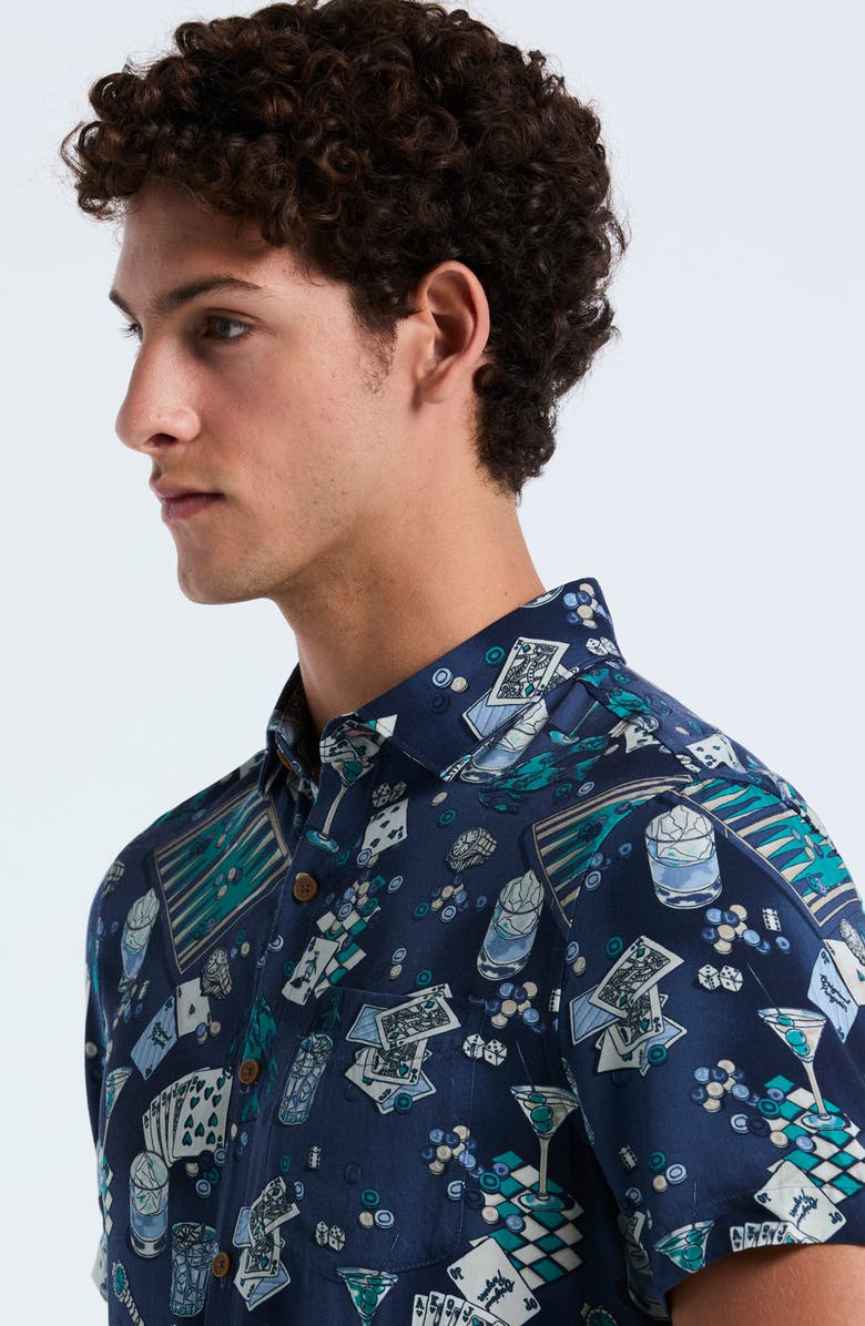 Original Penguin Poker Table Print Short Sleeve Button-Up Shirt, Alternate, color, Sargasso Sea