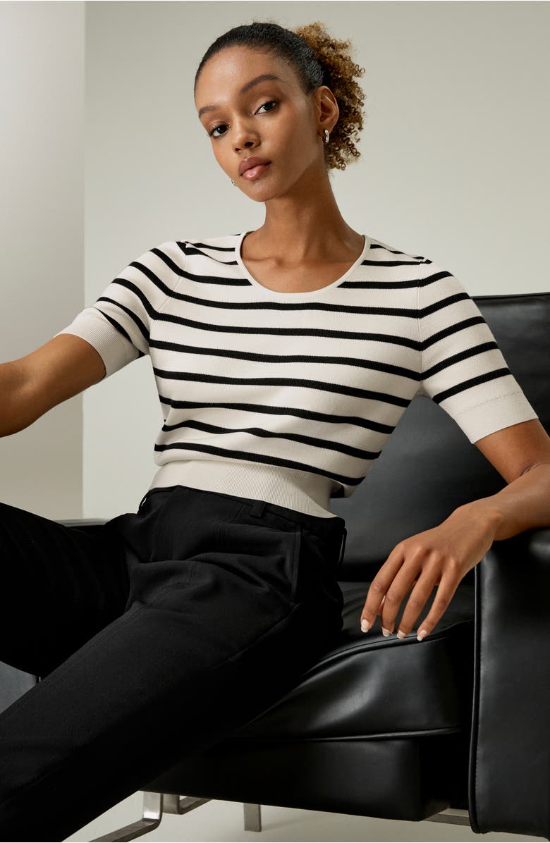 Lilysilk Silk Striped Cropped Knit Top, Alternate, color, White With Black Stripes