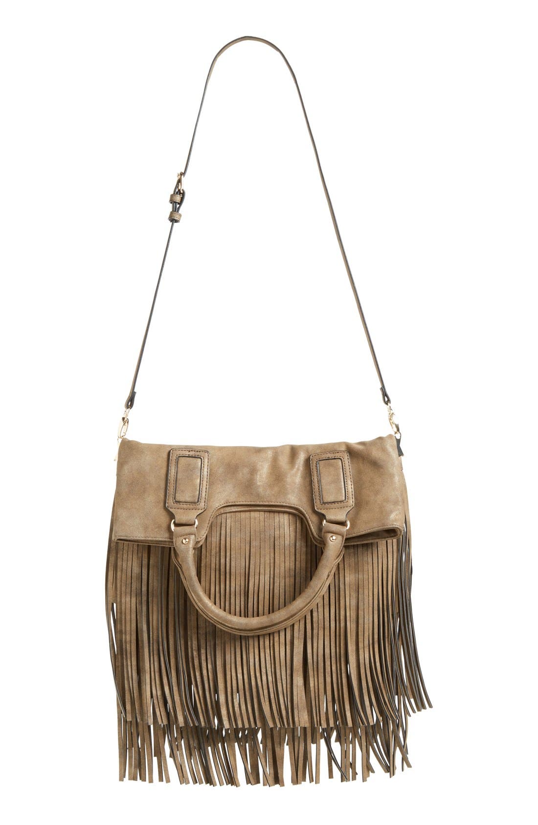 Foldover Fringe Tote, Main, color, BRONZE