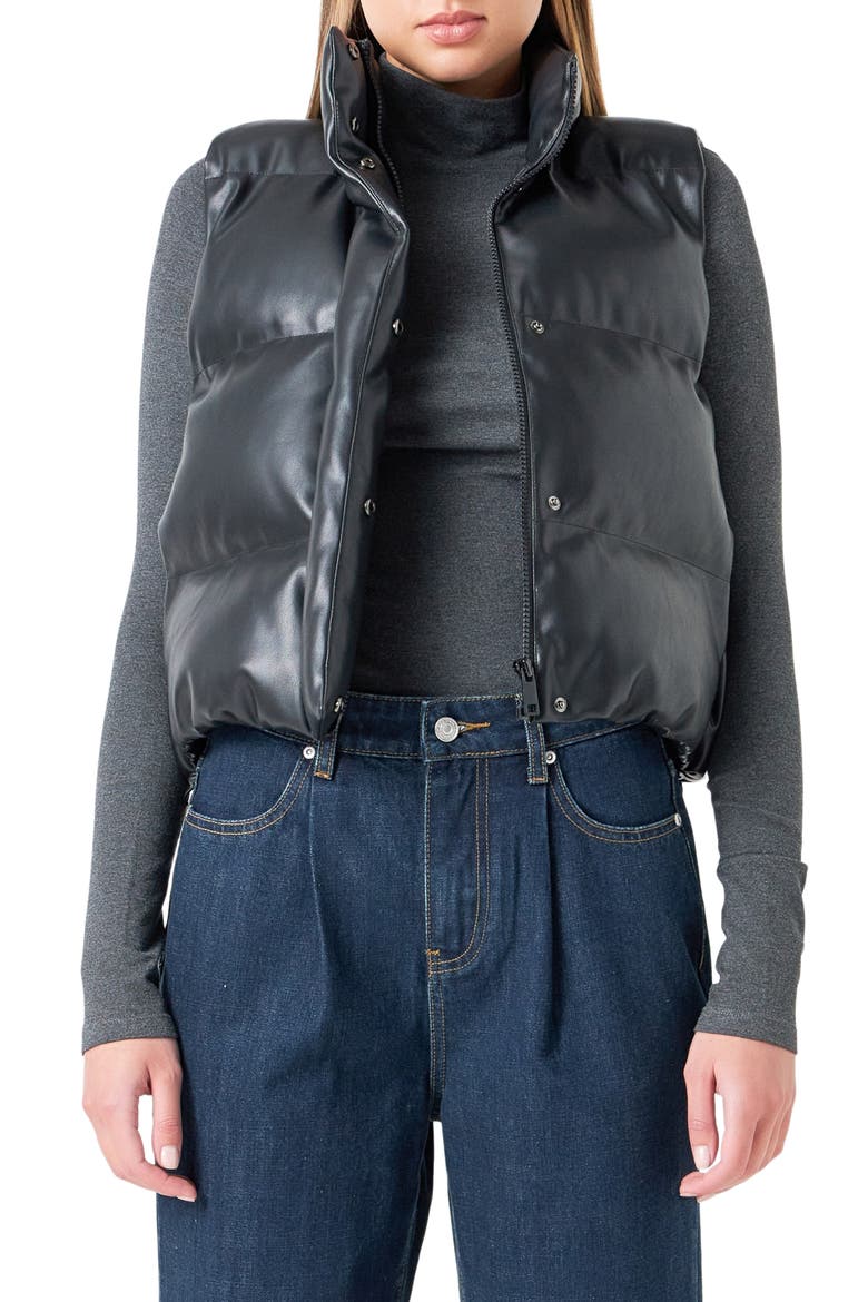 Faux Leather Crop Puffer Vest, Main, color, BLACK