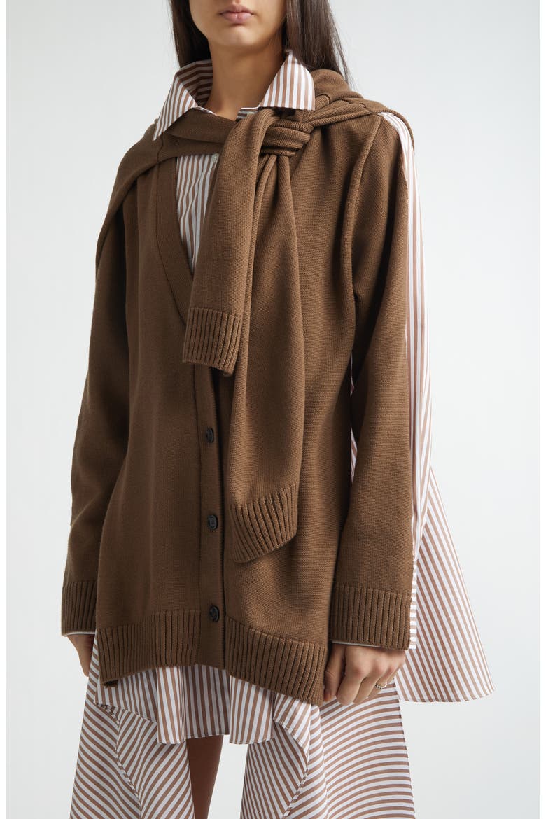 Combo Stripe Long Sleeve Cotton Poplin Shirtdress with Merino Wool Cardigan, Alternate, color, BROWN MULTI