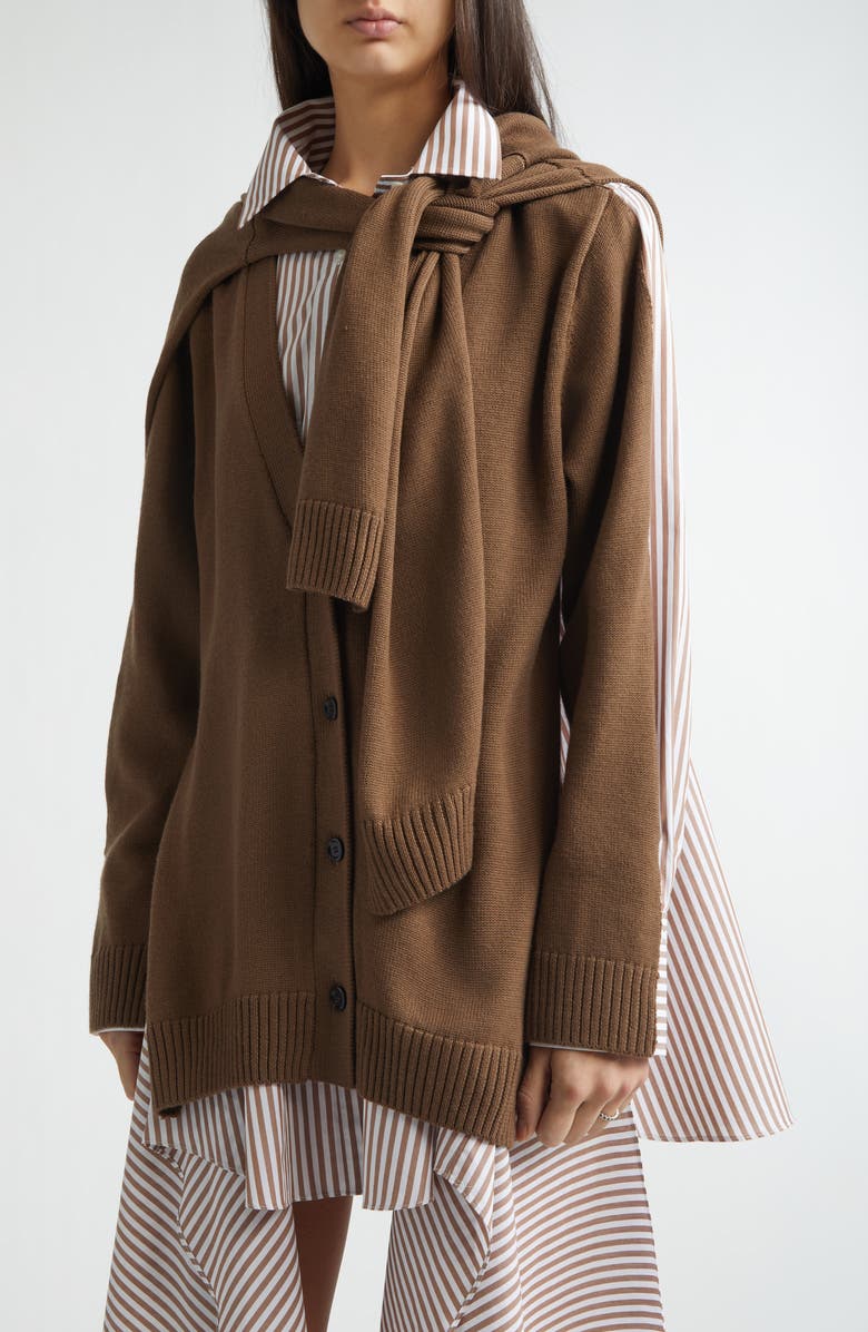 MONSE Combo Stripe Long Sleeve Cotton Poplin Shirtdress with Merino Wool Cardigan, Alternate, color, Brown Multi