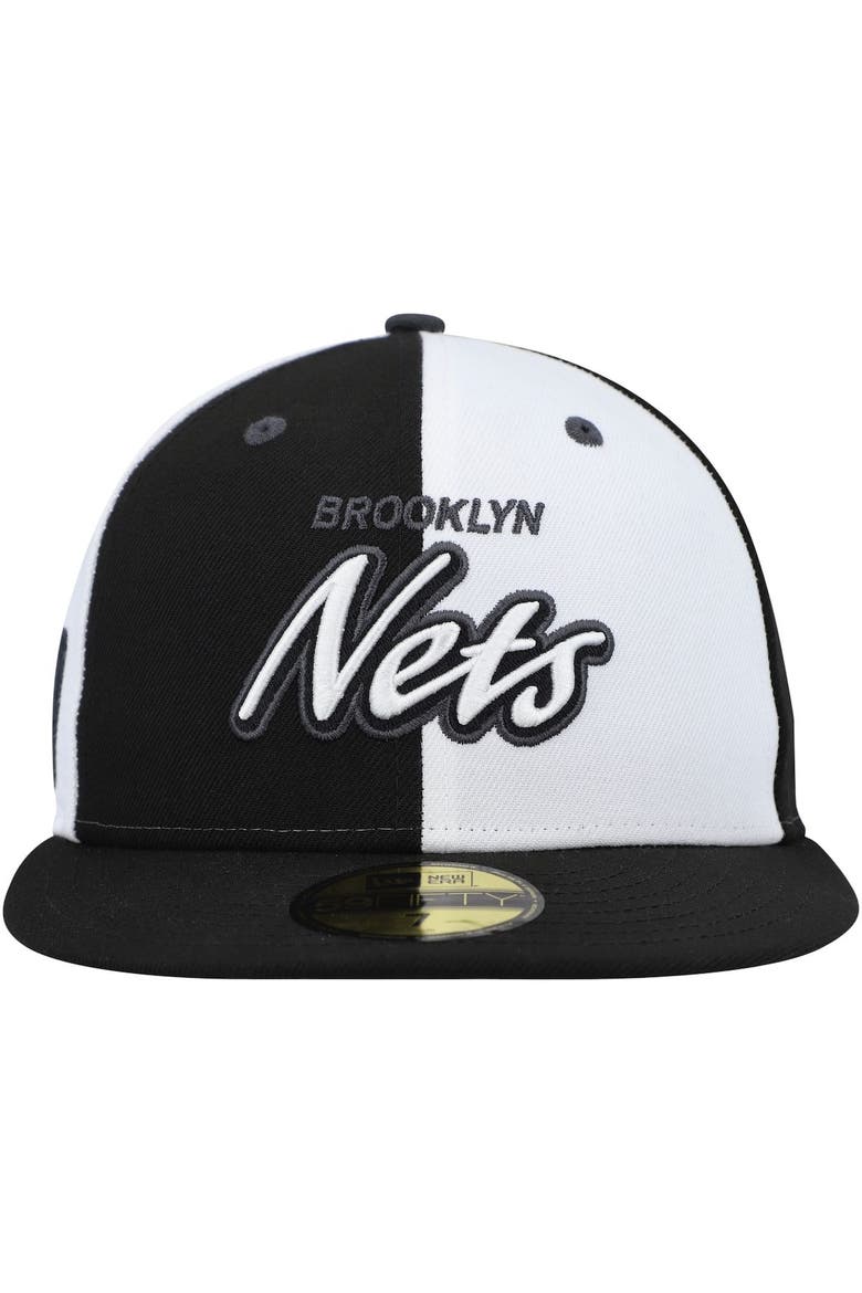 Men's New Era Black/White Brooklyn Nets Script Pinwheel 59FIFTY Fitted Hat, Alternate, color, Black