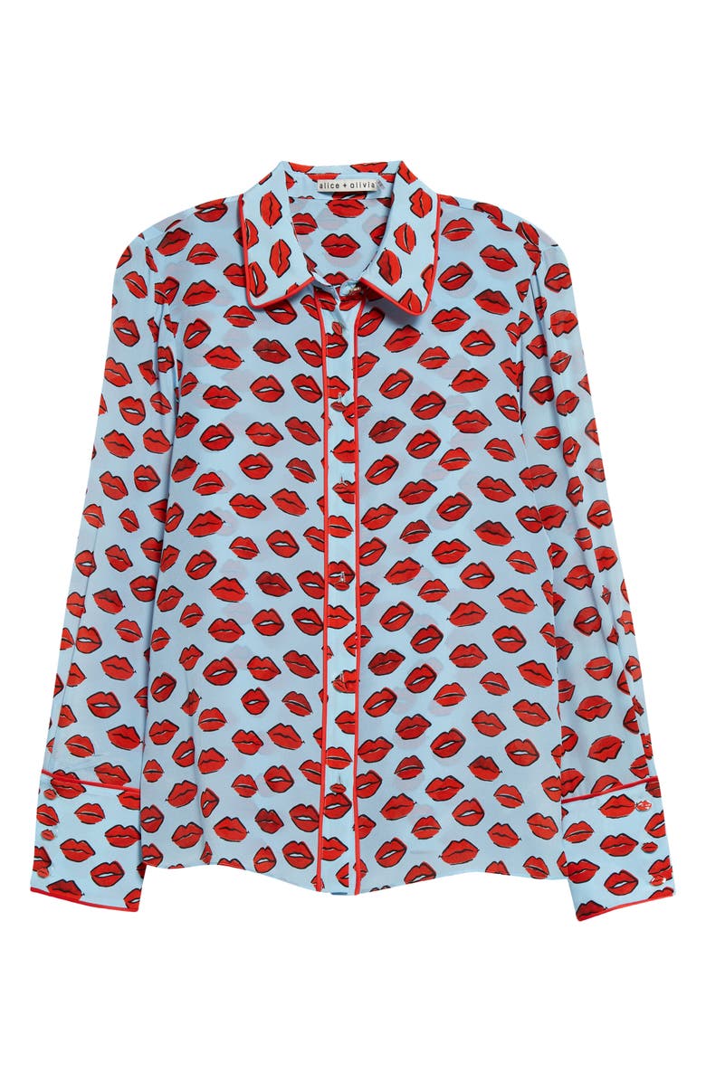 Alice + Olivia Willa Lip Print Piped Silk Shirt, Alternate, color,