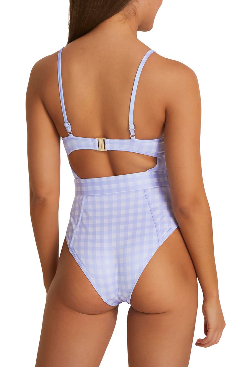 Belted Structured Gingham Underwire One-Piece Swimsuit, Alternate, color, LIGHT PURPLE