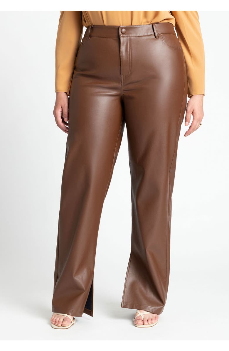 ELOQUII Slit Hem Faux Leather Pant, Main, color, Rocky Road