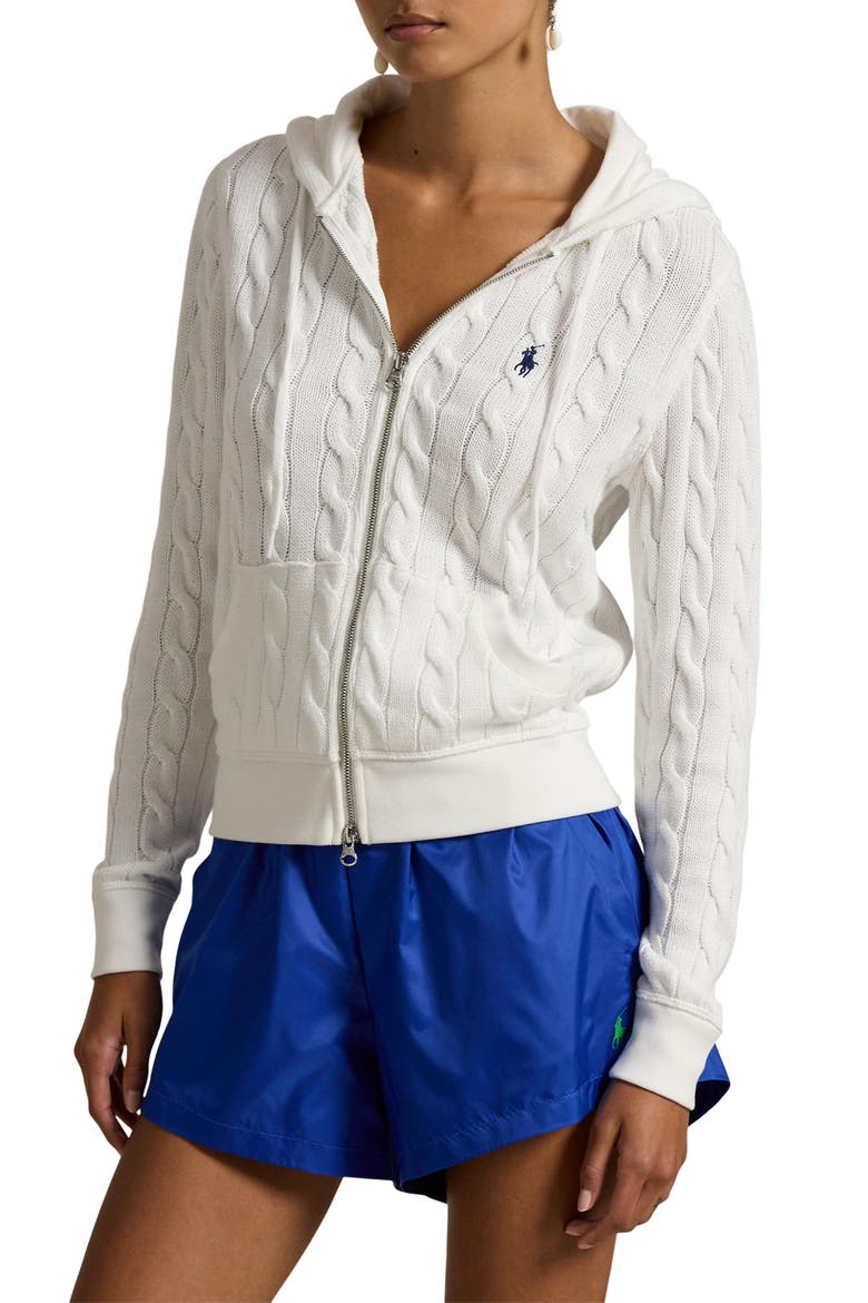 Cable Knit Cotton Zip Hoodie, Main, color, WHITE