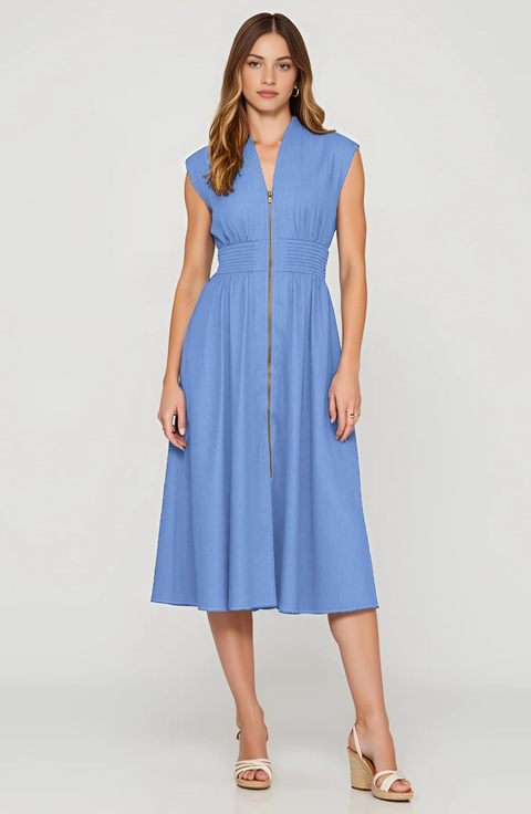 Zip Front Midi Dress with Cap Sleeves and Smocked Waist