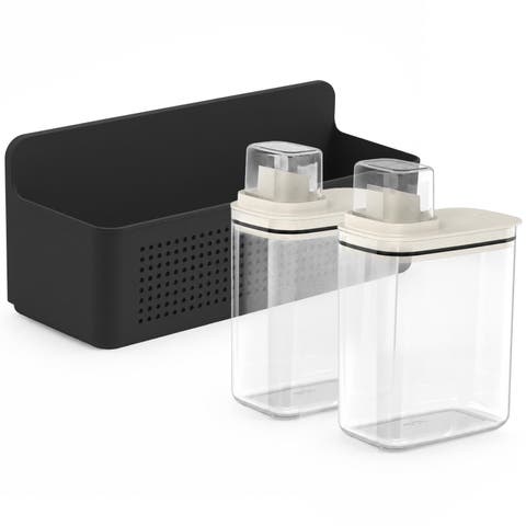 Clear Airtight 50oz Laundry Detergent Dispenser Set with Measuring Cap and Wall Mounted Storage Basket, 3 Piece Organizer