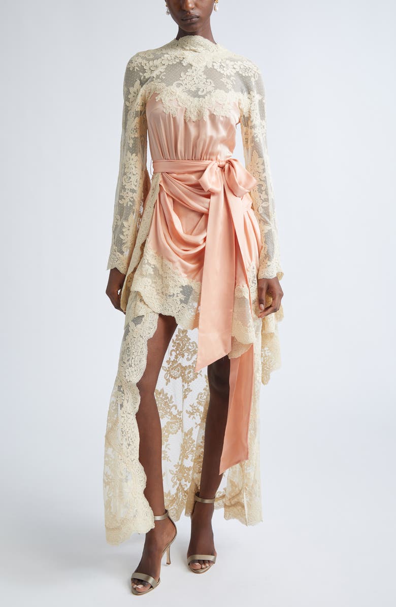 Zimmermann Hypnotic Long Sleeve Draped Lace 
Silk Satin High-Low Dress, Main, color, 