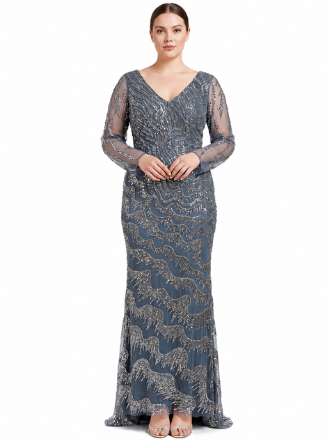 Long Sleeve V-Neck Sheath Gown