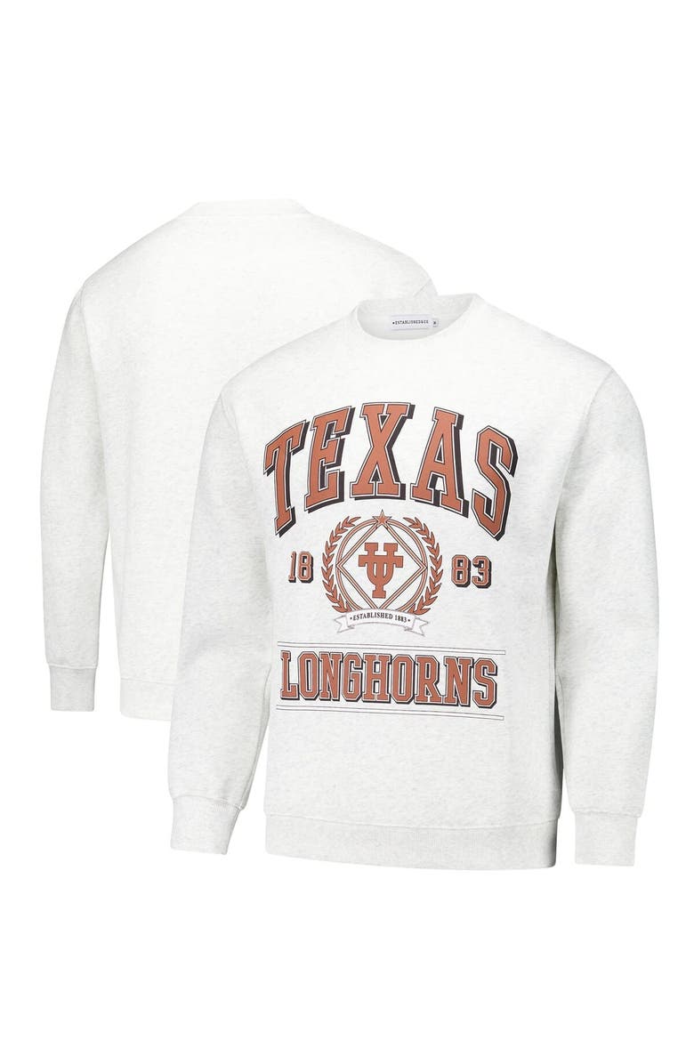 Established & Co. Unisex Established & Co.  Ash Texas Longhorns Vintage Crest Pullover Sweatshirt, Main, color, 