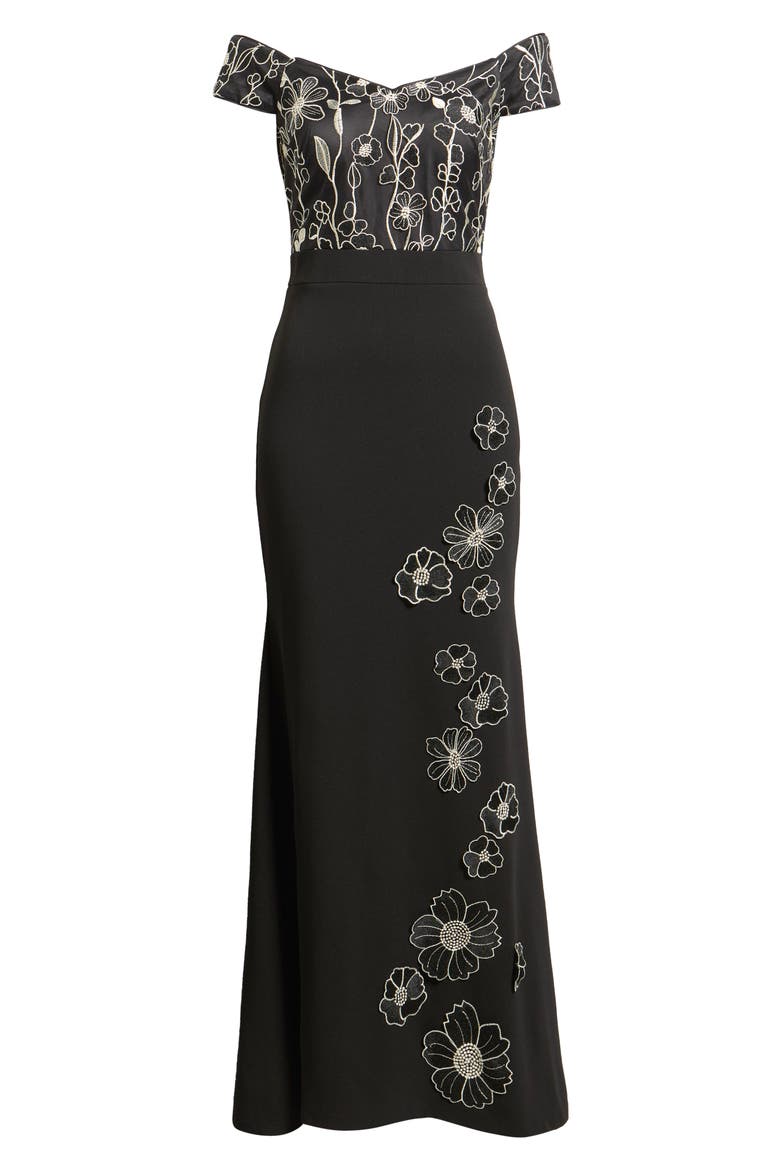 Floral Embroidered Off the Shoulder Trumpet Gown, Alternate, color, BLACK