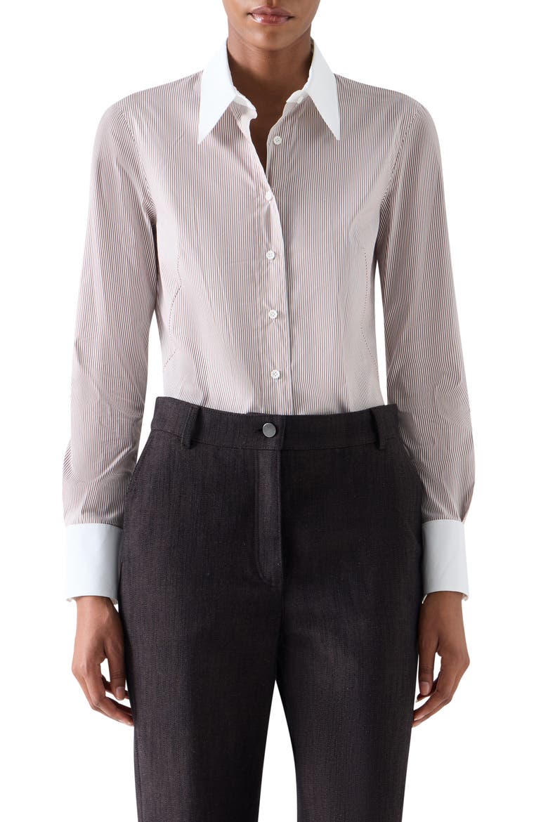 Stretch Cotton Microstripe Shirt, Main, color, ESPRESSO-CREAM