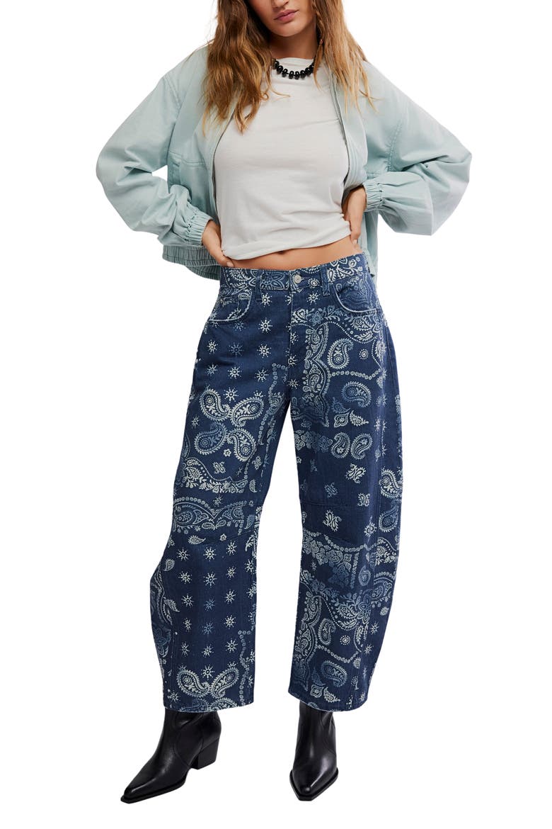 Print Barrel Leg Jeans, Alternate, color, NAVY BANDANA