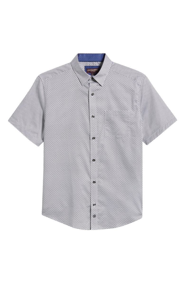 Johnston & Murphy Logan Print Short Sleeve Button-Up Shirt, Main, color, Gray Diamond Grid