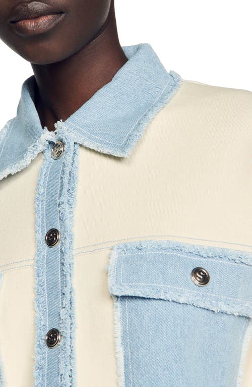 Sandro Dolly Denim Trim Button-up Sweater In Ecru