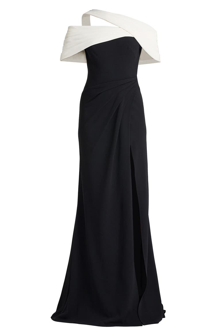 Off the Shoulder Colorblock Crepe Gown, Alternate, color, BLACK/ IVORY