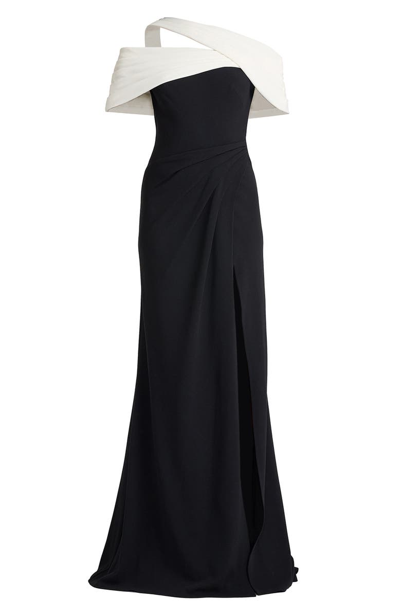 Tadashi Shoji Off the Shoulder Colorblock Crepe Gown, Alternate, color, Black/ Ivory