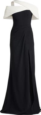 Tadashi Shoji Off the Shoulder Colorblock Crepe Gown