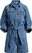 Wit & Wisdom Barrel Sleeve Tie Waist Denim Romper