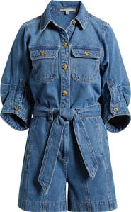 Wit & Wisdom Barrel Sleeve Tie Waist Denim Romper