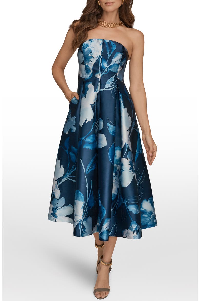 Floral Print Fit & Flare Party Dress, Main, color, NIGHTFALL/ WASHED INDIGO MULTI