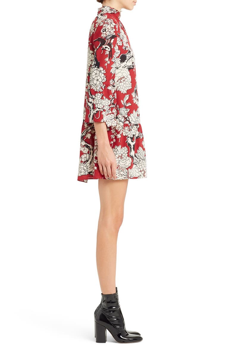 'Enchanted' Floral Print Stretch Silk Dress, Alternate, color, DEEP RED