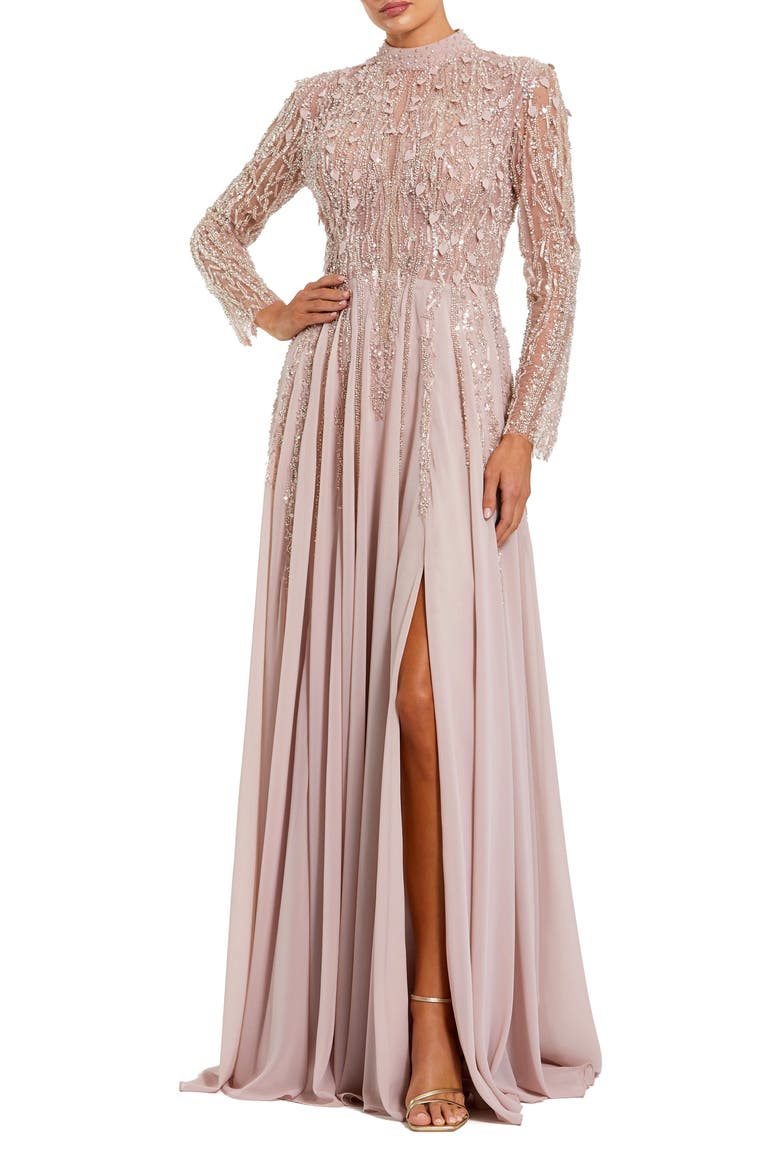 Long Sleeve High Neck Embellished Satin Gown, Main, color, Dusty Rose