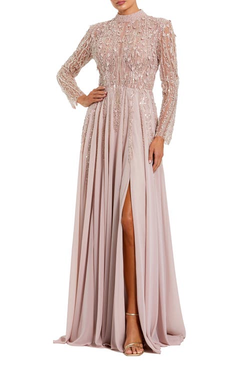 Long Sleeve High Neck Embellished Satin Gown