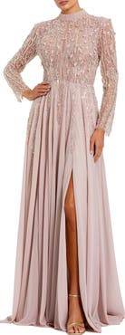 Mac Duggal Long Sleeve High Neck Embellished Satin Gown