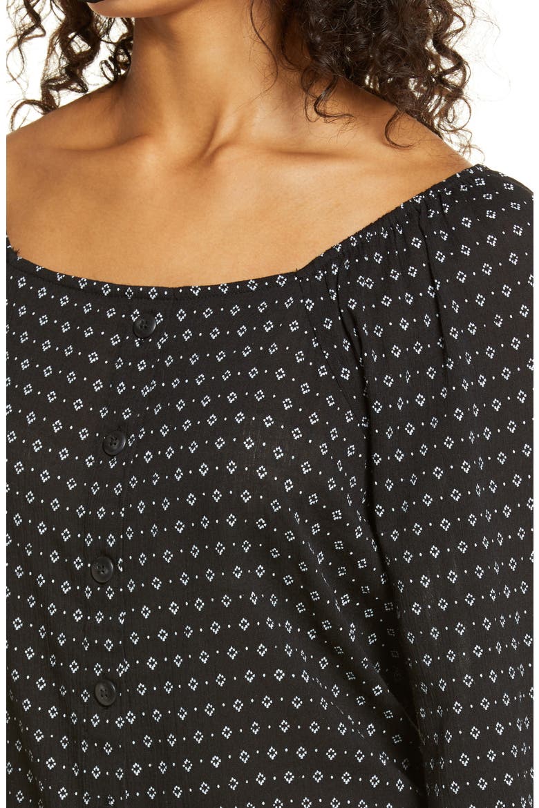 Print Button Front Long Sleeve Top, Alternate, color, BLACK- WHITE MARTY GEO