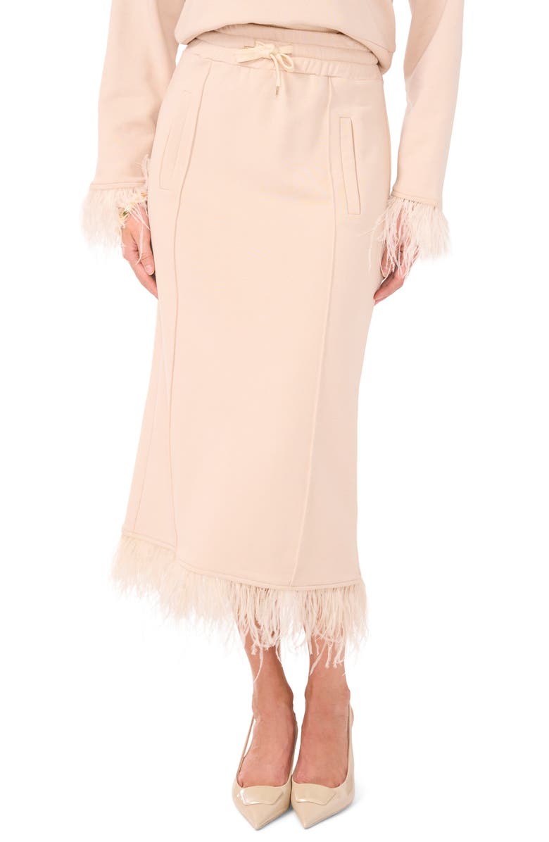 Vince Camuto Feather Trim Drawstring Waist Midi Skirt, Main, color, 