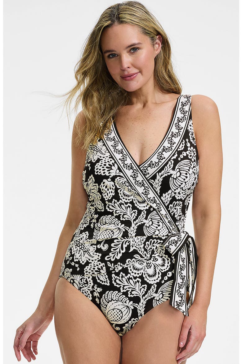 Plus Size Side Tie Wrap One Piece Swimsuit, Main, color, Floral Medley/Black Border