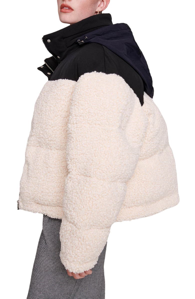 maje Colorblock High Pile Fleece Hooded Puffer Jacket, Alternate, color,