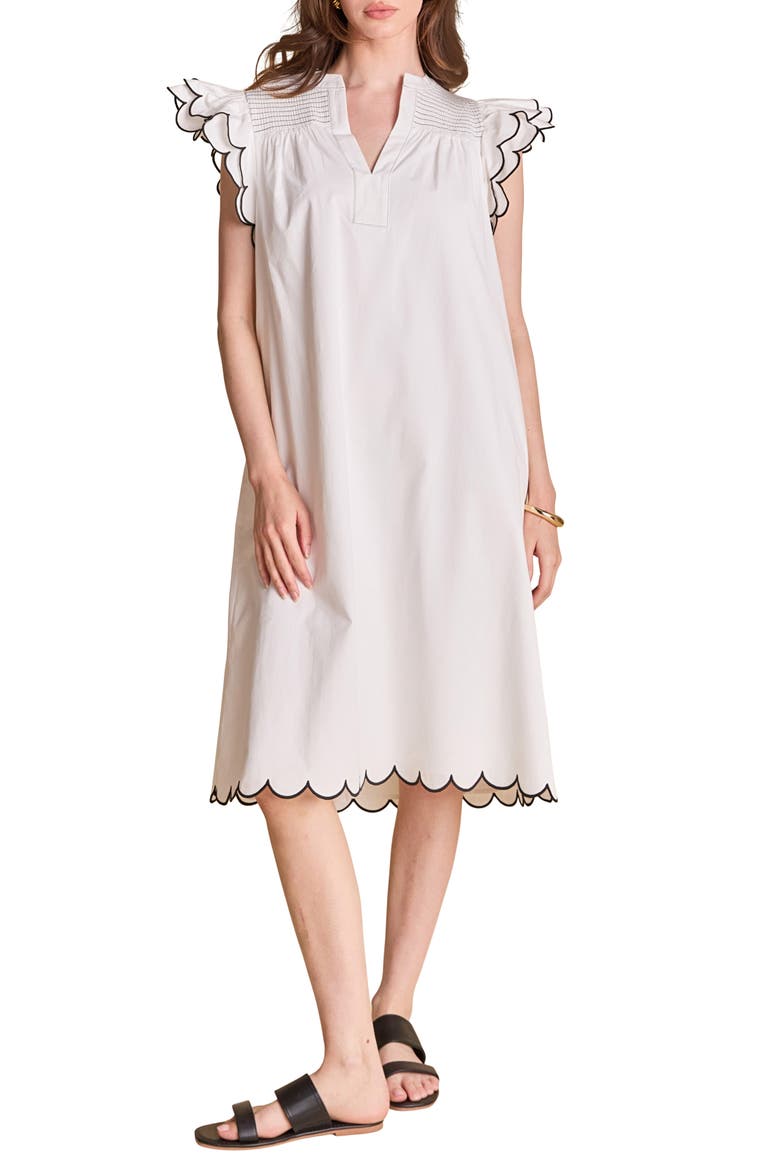 Scallop Hem Midi Dress, Main, color, WHITE/ BLACK